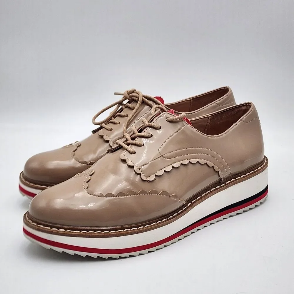 Zara Oxford Shoes Women's 38 / 7.5 Tan Nude Patent Leather  Platform‎ Lace
